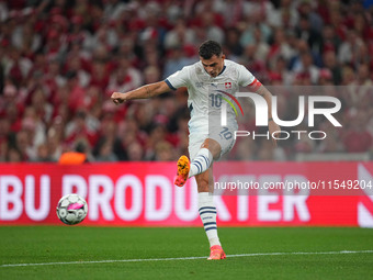 Granit Xhaka of Switzerland  in action during the UEFA Nations League 2024/2025 League A - Group 4 match between Denmark and Switzerland at...