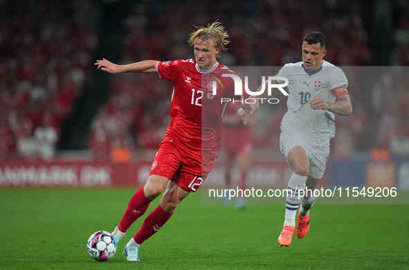 Kasper Dolberg of Denmark  in action during the UEFA Nations League 2024/2025 League A - Group 4 match between Denmark and Switzerland at Pa...