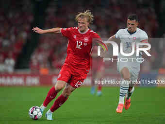 Kasper Dolberg of Denmark  in action during the UEFA Nations League 2024/2025 League A - Group 4 match between Denmark and Switzerland at Pa...