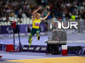 Vanessa Low of Australia competes in the Women's Long Jump - T63 and wins the gold medal at Stade de France during the Paris 2024 Paralympic...