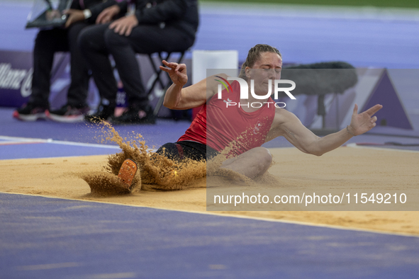 Elena Kratter of Switzerland competes in the Women's Long Jump - T63 and wins the gold medal at Stade de France during the Paris 2024 Paraly...