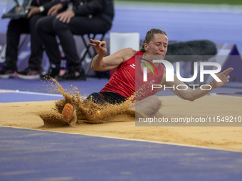 Elena Kratter of Switzerland competes in the Women's Long Jump - T63 and wins the gold medal at Stade de France during the Paris 2024 Paraly...