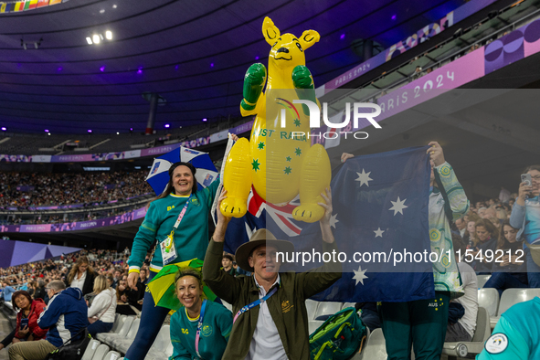 Australian supporters are seen during the Women's Long Jump - T63 where she wins the gold medal at State de France during the Paris 2024 Par...