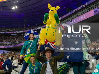 Australian supporters are seen during the Women's Long Jump - T63 where she wins the gold medal at State de France during the Paris 2024 Par...