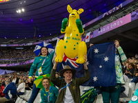 Australian supporters are seen during the Women's Long Jump - T63 where she wins the gold medal at State de France during the Paris 2024 Par...