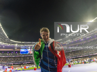 Martina Caironi of Italy reacts after the Women's Long Jump - T63 where she wins the silver medal at Stade de France during the Paris 2024 P...