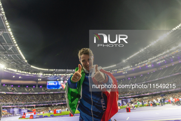 Martina Caironi of Italy reacts after the Women's Long Jump - T63 where she wins the silver medal at Stade de France during the Paris 2024 P...