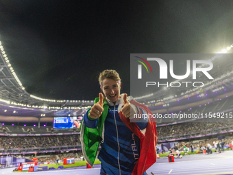 Martina Caironi of Italy reacts after the Women's Long Jump - T63 where she wins the silver medal at Stade de France during the Paris 2024 P...