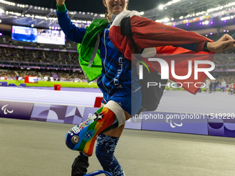 Martina Caironi of Italy reacts after the Women's Long Jump - T63 where she wins the silver medal at Stade de France during the Paris 2024 P...