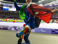 Martina Caironi of Italy reacts after the Women's Long Jump - T63 where she wins the silver medal at Stade de France during the Paris 2024 P...