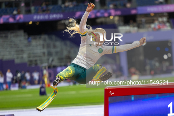 Vanessa Low of Australia competes in the Women's Long Jump - T63 and wins the gold medal at Stade de France during the Paris 2024 Paralympic...