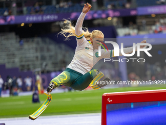 Vanessa Low of Australia competes in the Women's Long Jump - T63 and wins the gold medal at Stade de France during the Paris 2024 Paralympic...