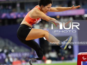 TOZAWA Tomomi of Japan competes in the Women's Long Jump - T63 and wins the gold medal at Stade de France during the Paris 2024 Paralympic G...