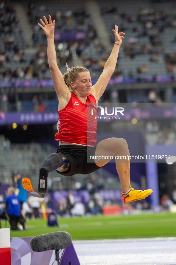 Elena Kratter of Switzerland competes in the Women's Long Jump - T63 and wins the gold medal at Stade de France during the Paris 2024 Paraly...