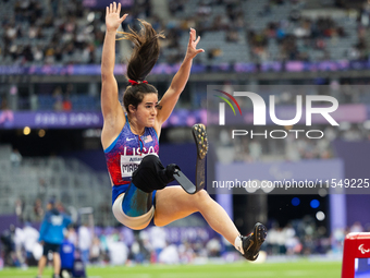 Noelle Lambert of the USA competes in the Women's Long Jump - T63 and wins the gold medal at Stade de France during the Paris 2024 Paralympi...