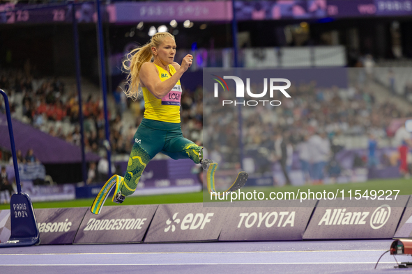 Vanessa Low of Australia competes in the Women's Long Jump - T63 and wins the gold medal at Stade de France during the Paris 2024 Paralympic...