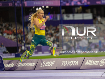 Vanessa Low of Australia competes in the Women's Long Jump - T63 and wins the gold medal at Stade de France during the Paris 2024 Paralympic...