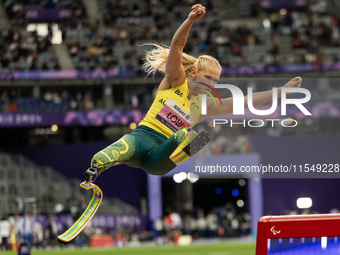 Vanessa Low of Australia competes in the Women's Long Jump - T63 and wins the gold medal at Stade de France during the Paris 2024 Paralympic...