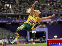 Vanessa Low of Australia competes in the Women's Long Jump - T63 and wins the gold medal at Stade de France during the Paris 2024 Paralympic...