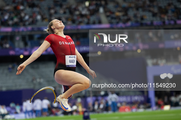 Emilie Aaen of Denmark competes in the Women's Long Jump - T63 and wins the gold medal at Stade de France during the Paris 2024 Paralympic G...