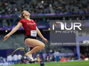 Emilie Aaen of Denmark competes in the Women's Long Jump - T63 and wins the gold medal at Stade de France during the Paris 2024 Paralympic G...