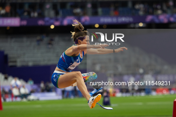 Martina Caironi of Italy competes in the Women's Long Jump - T63 and wins the gold medal at Stade de France during the Paris 2024 Paralympic...