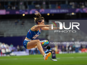 Martina Caironi of Italy competes in the Women's Long Jump - T63 and wins the gold medal at Stade de France during the Paris 2024 Paralympic...