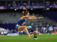 Martina Caironi of Italy competes in the Women's Long Jump - T63 and wins the gold medal at Stade de France during the Paris 2024 Paralympic...