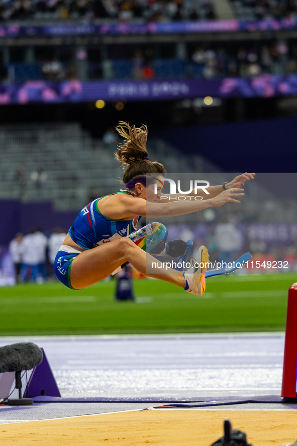 Martina Caironi of Italy competes in the Women's Long Jump - T63 and wins the gold medal at Stade de France during the Paris 2024 Paralympic...