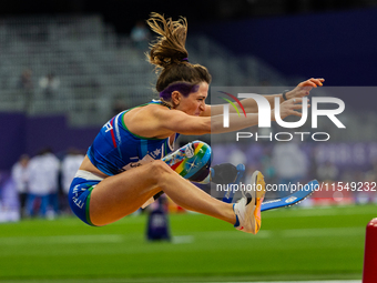 Martina Caironi of Italy competes in the Women's Long Jump - T63 and wins the gold medal at Stade de France during the Paris 2024 Paralympic...