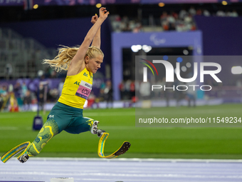 Vanessa Low of Australia competes in the Women's Long Jump - T63 and wins the gold medal at Stade de France during the Paris 2024 Paralympic...