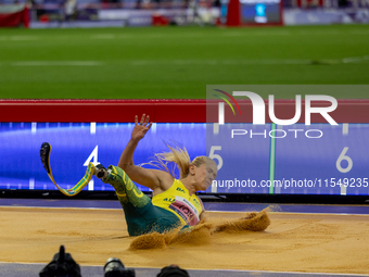 Vanessa Low of Australia competes in the Women's Long Jump - T63 and wins the gold medal at Stade de France during the Paris 2024 Paralympic...