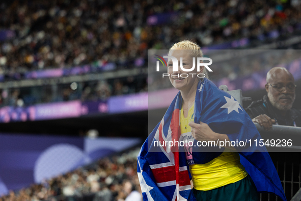 Vanessa Low of Australia reacts after winning the gold medal in the Women's Long Jump - T63 at Stade de France during the Paris 2024 Paralym...