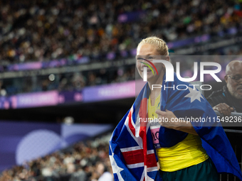 Vanessa Low of Australia reacts after winning the gold medal in the Women's Long Jump - T63 at Stade de France during the Paris 2024 Paralym...