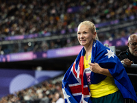 Vanessa Low of Australia reacts after winning the gold medal in the Women's Long Jump - T63 at Stade de France during the Paris 2024 Paralym...