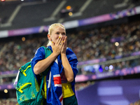 Vanessa Low of Australia reacts after winning the gold medal in the Women's Long Jump - T63 at Stade de France during the Paris 2024 Paralym...