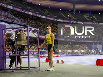 Vanessa Low of Australia reacts after winning the gold medal in the Women's Long Jump - T63 at Stade de France during the Paris 2024 Paralym...