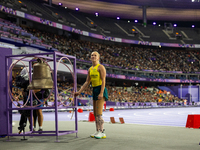 Vanessa Low of Australia reacts after winning the gold medal in the Women's Long Jump - T63 at Stade de France during the Paris 2024 Paralym...