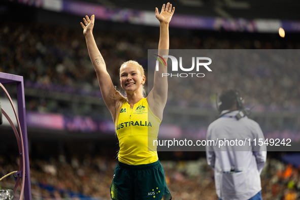 Vanessa Low of Australia reacts after winning the gold medal in the Women's Long Jump - T63 at Stade de France during the Paris 2024 Paralym...