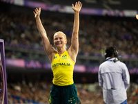 Vanessa Low of Australia reacts after winning the gold medal in the Women's Long Jump - T63 at Stade de France during the Paris 2024 Paralym...