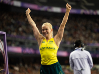 Vanessa Low of Australia reacts after winning the gold medal in the Women's Long Jump - T63 at Stade de France during the Paris 2024 Paralym...