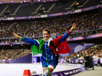 Martina Caironi of Italy reacts after the Women's Long Jump - T63 where she wins the silver medal at Stade de France during the Paris 2024 P...