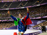 Martina Caironi of Italy reacts after the Women's Long Jump - T63 where she wins the silver medal at Stade de France during the Paris 2024 P...