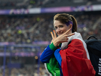 Martina Caironi of Italy reacts after the Women's Long Jump - T63 where she wins the silver medal at Stade de France during the Paris 2024 P...