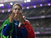 Martina Caironi of Italy reacts after the Women's Long Jump - T63 where she wins the silver medal at Stade de France during the Paris 2024 P...