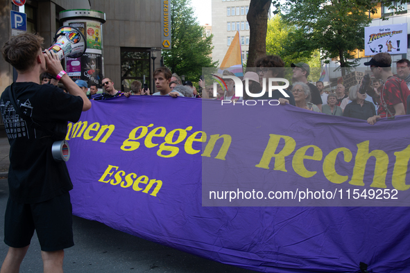 Thousands of people take part in a demonstration against an AF politician event for community dialogue at Essen Philharmonic Hall in Essen,...