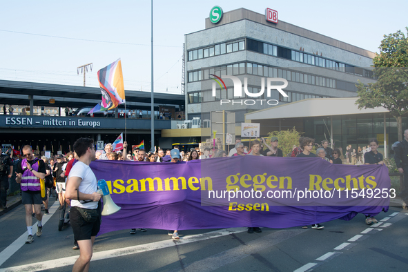 Thousands of people take part in a demonstration against an AF politician event for community dialogue at Essen Philharmonic Hall in Essen,...