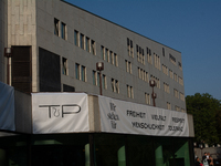 A banner reading ''Freedom, diversity and respect, human rights and tolerance'' hangs on the other buildings of Essen Philharmonie as thousa...