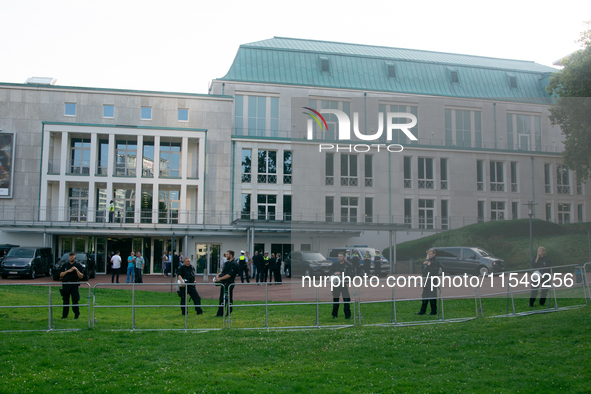 Police force guards the AFD event area as thousands of people take part in a demonstration against the AF politician event for community dia...