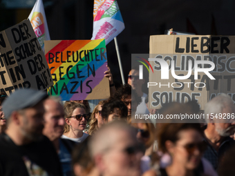 Thousands of people take part in a demonstration against an AF politician event for community dialogue at Essen Philharmonic Hall in Essen,...